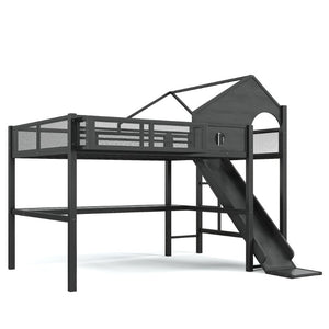 English Elm Full Size Metal Loft Bed with Slide Desk LED Lights USB Ports and Storage Shelves W5316S00098