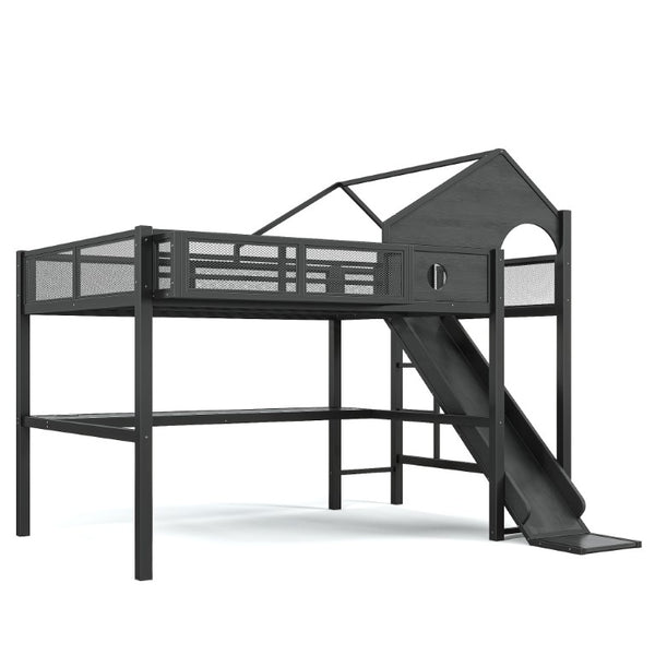 English Elm Full Size Metal Loft Bed with Slide Desk LED Lights USB Ports and Storage Shelves W5316S00098