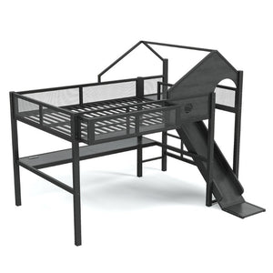 English Elm Full Size Metal Loft Bed with Slide Desk LED Lights USB Ports and Storage Shelves W5316S00098