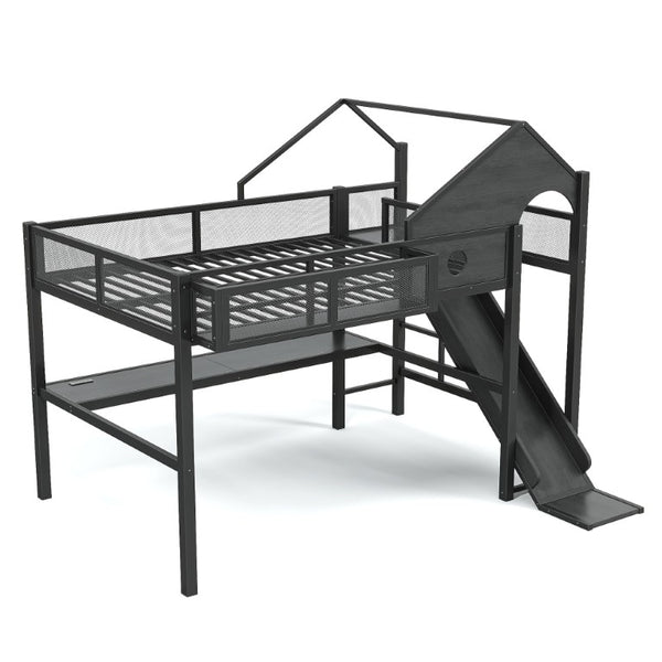 English Elm Full Size Metal Loft Bed with Slide Desk LED Lights USB Ports and Storage Shelves W5316S00098