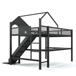English Elm Full Size Metal Loft Bed with Slide Desk LED Lights USB Ports and Storage Shelves W5316S00098
