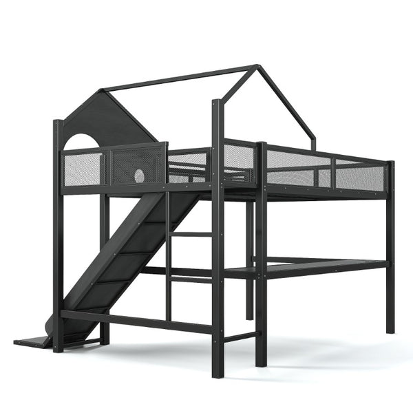 English Elm Full Size Metal Loft Bed with Slide Desk LED Lights USB Ports and Storage Shelves W5316S00098