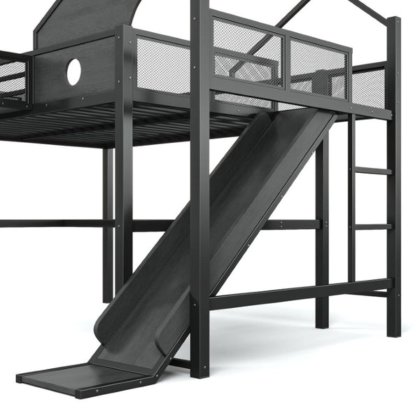 English Elm Full Size Metal Loft Bed with Slide Desk LED Lights USB Ports and Storage Shelves W5316S00098