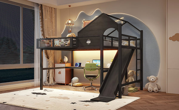 English Elm Full Size Metal Loft Bed with Slide Desk LED Lights USB Ports and Storage Shelves W5316S00098