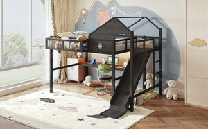 English Elm Full Size Metal Loft Bed with Slide Desk LED Lights USB Ports and Storage Shelves W5316S00098