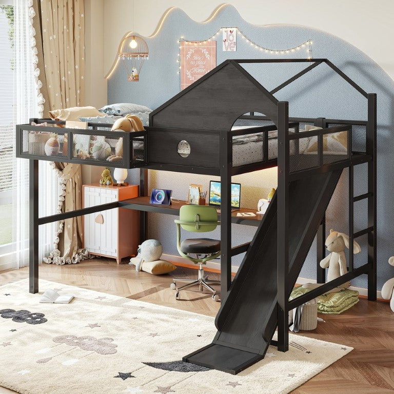 English Elm Full Size Metal Loft Bed with Slide Desk LED Lights USB Ports and Storage Shelves W5316S00098