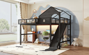 English Elm Full Size Metal Loft Bed with Slide Desk LED Lights USB Ports and Storage Shelves W5316S00098