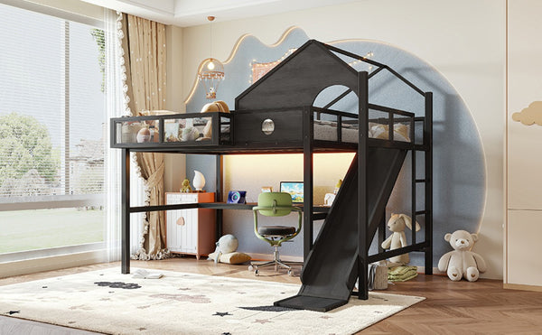 English Elm Full Size Metal Loft Bed with Slide Desk LED Lights USB Ports and Storage Shelves W5316S00098