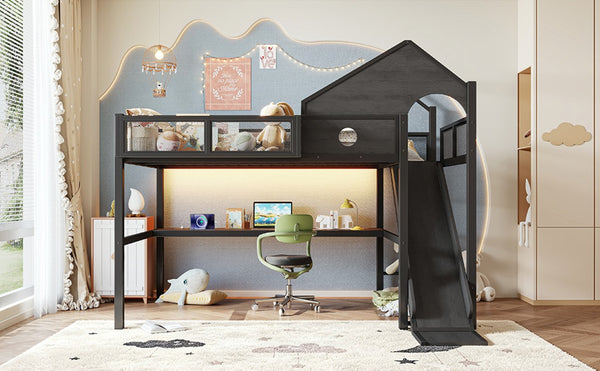 English Elm Full Size Metal Loft Bed with Slide Desk LED Lights USB Ports and Storage Shelves W5316S00098