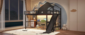 English Elm Full Size Metal Loft Bed with Slide Desk LED Lights USB Ports and Storage Shelves W5316S00098