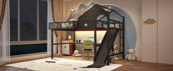 English Elm Full Size Metal Loft Bed with Slide Desk LED Lights USB Ports and Storage Shelves W5316S00098