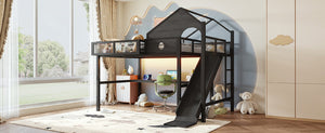 English Elm Full Size Metal Loft Bed with Slide Desk LED Lights USB Ports and Storage Shelves W5316S00098