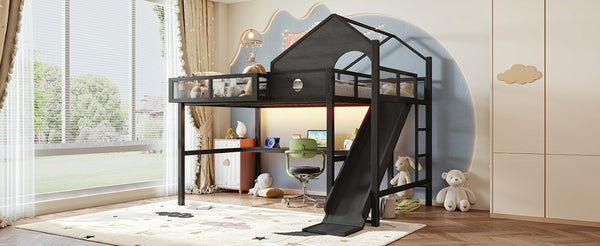 English Elm Full Size Metal Loft Bed with Slide Desk LED Lights USB Ports and Storage Shelves W5316S00098