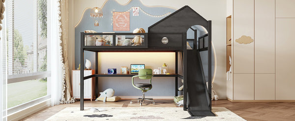 English Elm Full Size Metal Loft Bed with Slide Desk LED Lights USB Ports and Storage Shelves W5316S00098