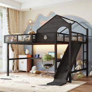 English Elm Full Size Metal Loft Bed with Slide Desk LED Lights USB Ports and Storage Shelves W5316S00098