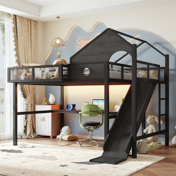 English Elm Full Size Metal Loft Bed with Slide Desk LED Lights USB Ports and Storage Shelves W5316S00098