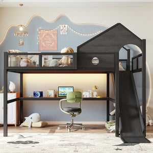 English Elm Full Size Metal Loft Bed with Slide Desk LED Lights USB Ports and Storage Shelves W5316S00098