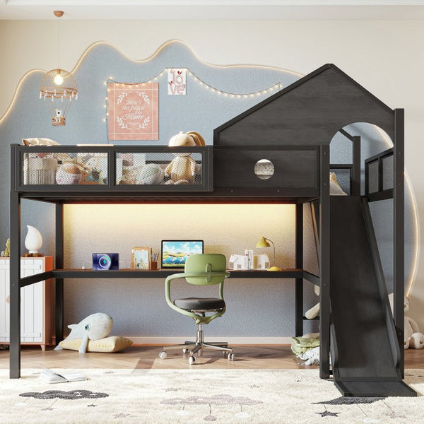 English Elm Full Size Metal Loft Bed with Slide Desk LED Lights USB Ports and Storage Shelves W5316S00098