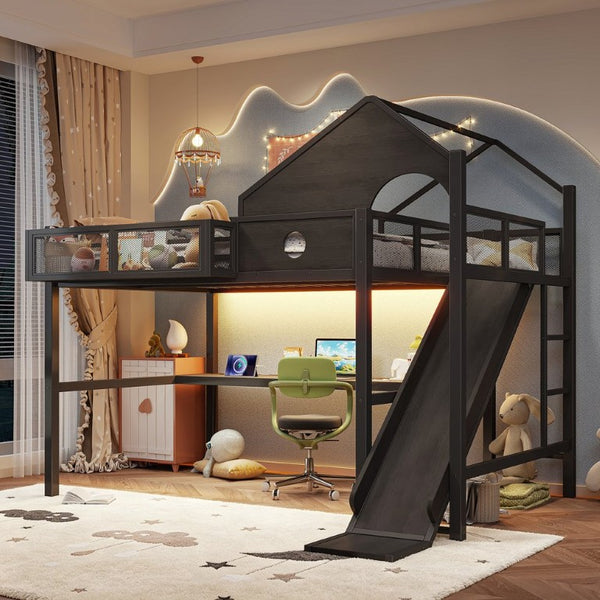 English Elm Full Size Metal Loft Bed with Slide Desk LED Lights USB Ports and Storage Shelves W5316S00098