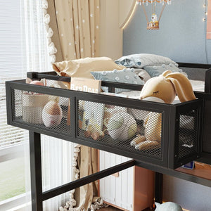 English Elm Full Size Metal Loft Bed with Slide Desk LED Lights USB Ports and Storage Shelves W5316S00098