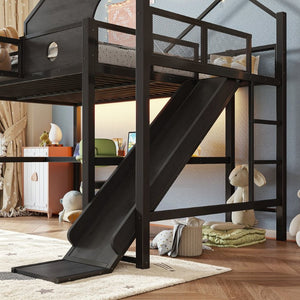 English Elm Full Size Metal Loft Bed with Slide Desk LED Lights USB Ports and Storage Shelves W5316S00098