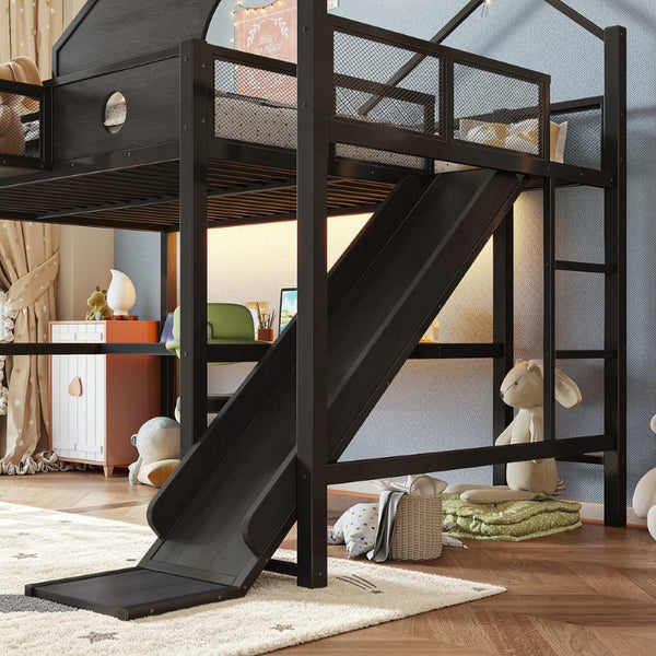 English Elm Full Size Metal Loft Bed with Slide Desk LED Lights USB Ports and Storage Shelves W5316S00098