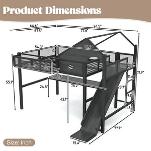 English Elm Full Size Metal Loft Bed with Slide Desk LED Lights USB Ports and Storage Shelves W5316S00098