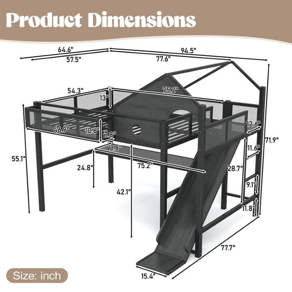 English Elm Full Size Metal Loft Bed with Slide Desk LED Lights USB Ports and Storage Shelves W5316S00098