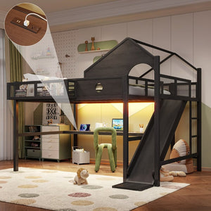 English Elm Queen Metal Loft Bed with Slide Desk Shelves USB Ports LED Lights House Frame W5316S00099
