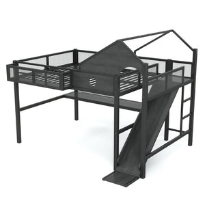 English Elm Queen Metal Loft Bed with Slide Desk Shelves USB Ports LED Lights House Frame W5316S00099