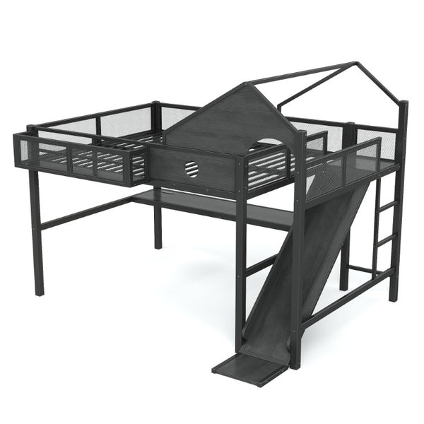 English Elm Queen Metal Loft Bed with Slide Desk Shelves USB Ports LED Lights House Frame W5316S00099