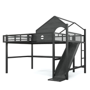 English Elm Queen Metal Loft Bed with Slide Desk Shelves USB Ports LED Lights House Frame W5316S00099