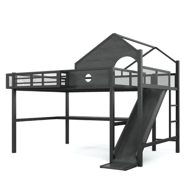 English Elm Queen Metal Loft Bed with Slide Desk Shelves USB Ports LED Lights House Frame W5316S00099