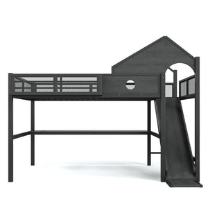 English Elm Queen Metal Loft Bed with Slide Desk Shelves USB Ports LED Lights House Frame W5316S00099