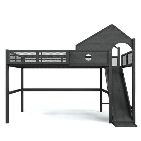 English Elm Queen Metal Loft Bed with Slide Desk Shelves USB Ports LED Lights House Frame W5316S00099