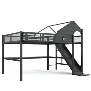 English Elm Queen Metal Loft Bed with Slide Desk Shelves USB Ports LED Lights House Frame W5316S00099