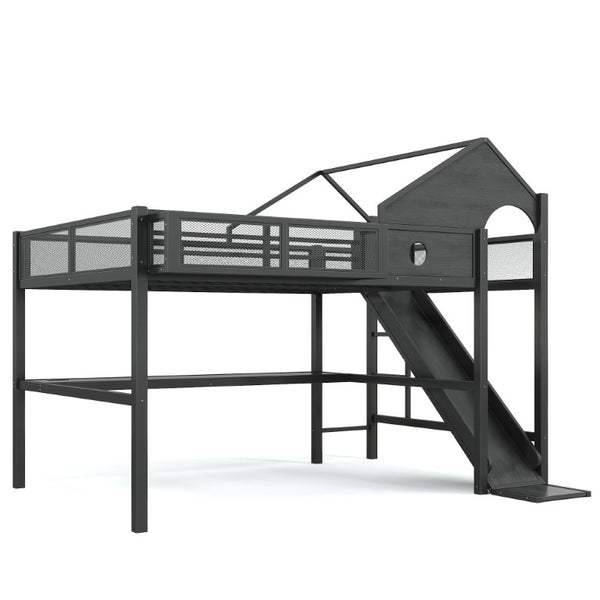 English Elm Queen Metal Loft Bed with Slide Desk Shelves USB Ports LED Lights House Frame W5316S00099