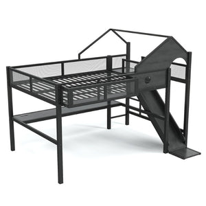 English Elm Queen Metal Loft Bed with Slide Desk Shelves USB Ports LED Lights House Frame W5316S00099