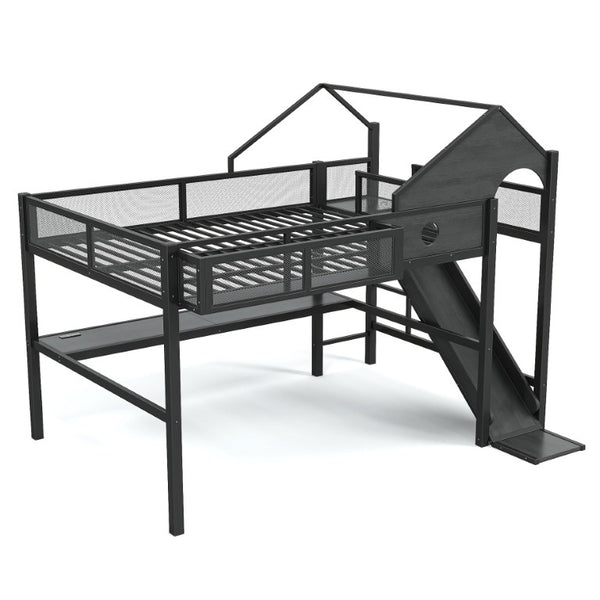 English Elm Queen Metal Loft Bed with Slide Desk Shelves USB Ports LED Lights House Frame W5316S00099