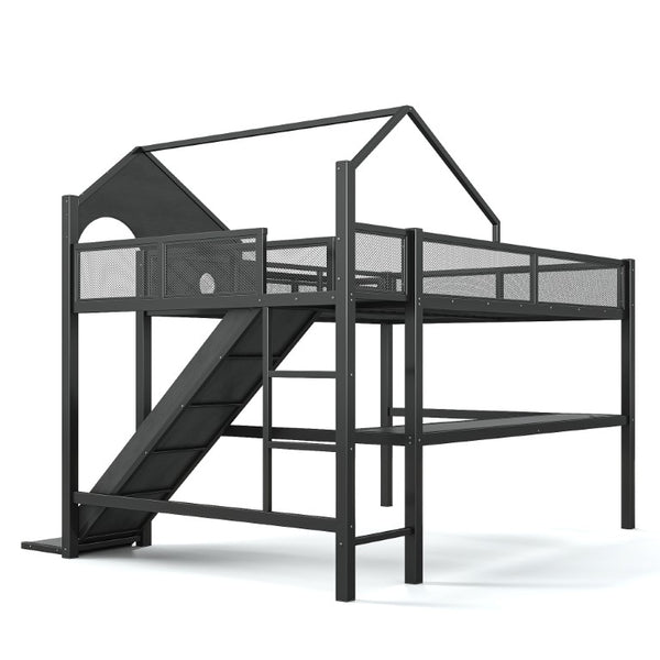 English Elm Queen Metal Loft Bed with Slide Desk Shelves USB Ports LED Lights House Frame W5316S00099