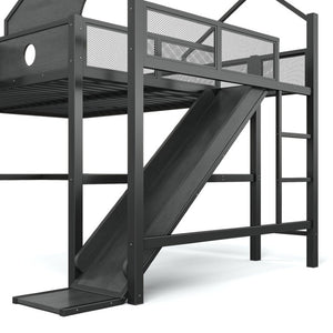 English Elm Queen Metal Loft Bed with Slide Desk Shelves USB Ports LED Lights House Frame W5316S00099