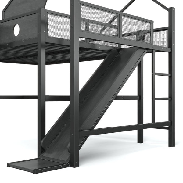 English Elm Queen Metal Loft Bed with Slide Desk Shelves USB Ports LED Lights House Frame W5316S00099