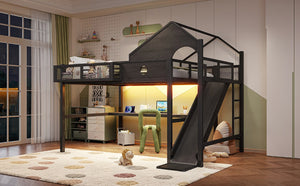 English Elm Queen Metal Loft Bed with Slide Desk Shelves USB Ports LED Lights House Frame W5316S00099