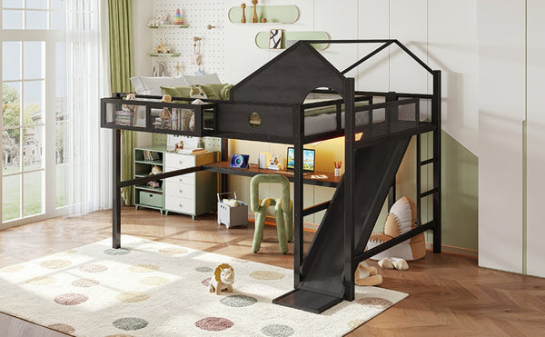 English Elm Queen Metal Loft Bed with Slide Desk Shelves USB Ports LED Lights House Frame W5316S00099