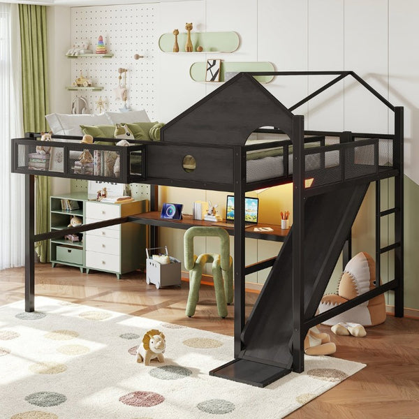 English Elm Queen Metal Loft Bed with Slide Desk Shelves USB Ports LED Lights House Frame W5316S00099