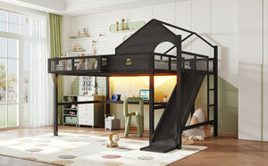 English Elm Queen Metal Loft Bed with Slide Desk Shelves USB Ports LED Lights House Frame W5316S00099
