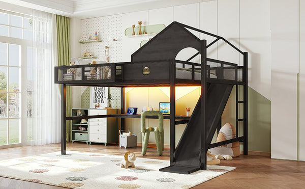 English Elm Queen Metal Loft Bed with Slide Desk Shelves USB Ports LED Lights House Frame W5316S00099