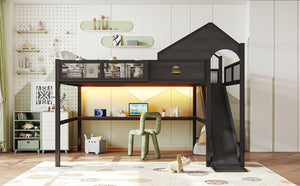 English Elm Queen Metal Loft Bed with Slide Desk Shelves USB Ports LED Lights House Frame W5316S00099