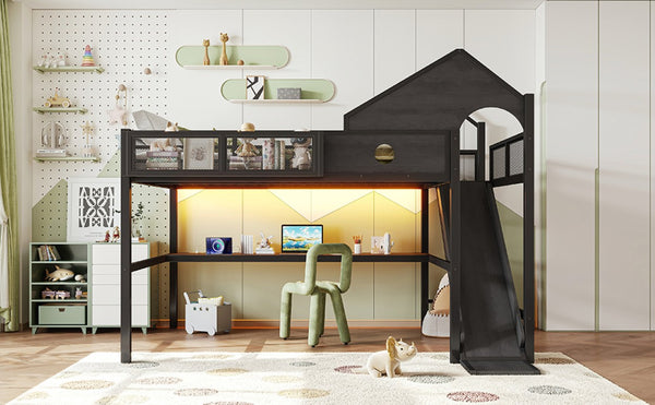 English Elm Queen Metal Loft Bed with Slide Desk Shelves USB Ports LED Lights House Frame W5316S00099