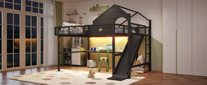 English Elm Queen Metal Loft Bed with Slide Desk Shelves USB Ports LED Lights House Frame W5316S00099